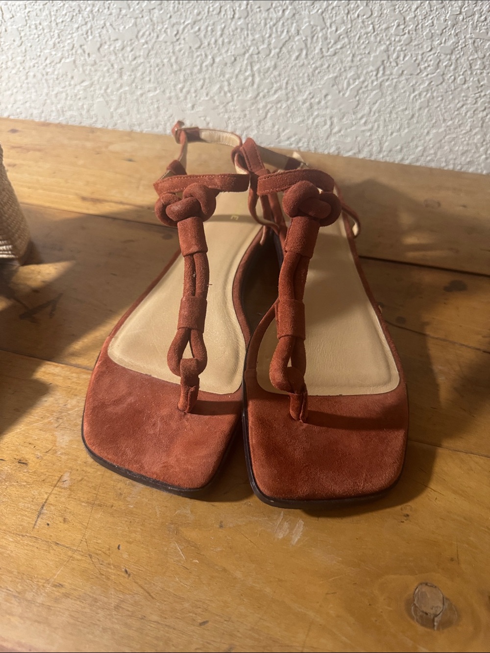 Frame Denim Rust Suede Knotted T-Strap Sandals
